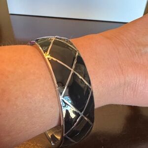 XL Hinged Black and Silver Geometric Bangle Bracelet